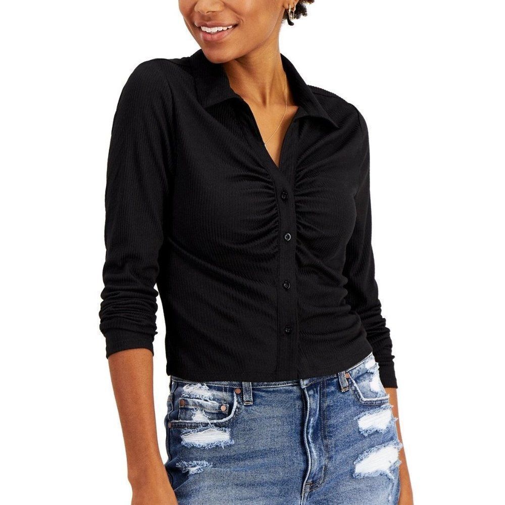 Just Polly Juniors' Ruched Rib-Knit Shirt